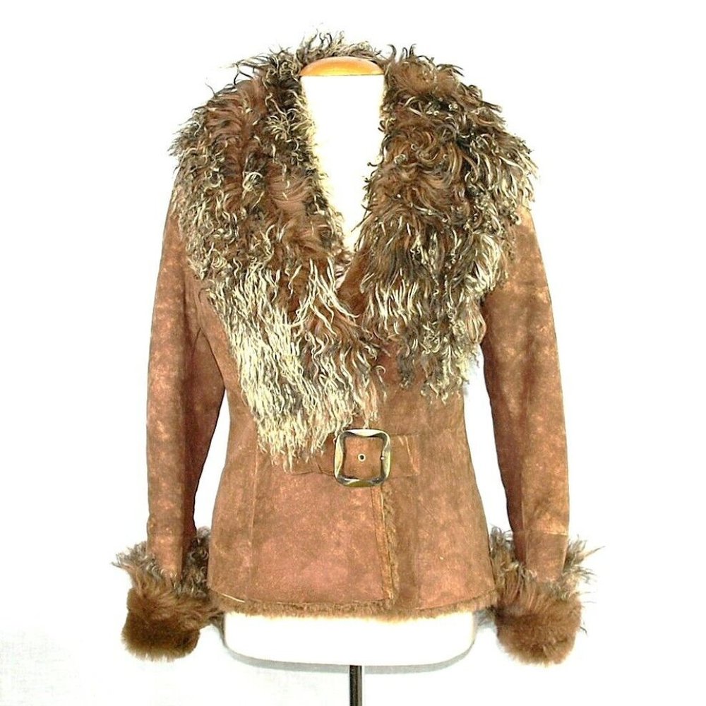 100% LEATHER SHEARLING COAT JACKET LARGE COLLAR NATURAL SIZE M BRAND NEW 137 NEW